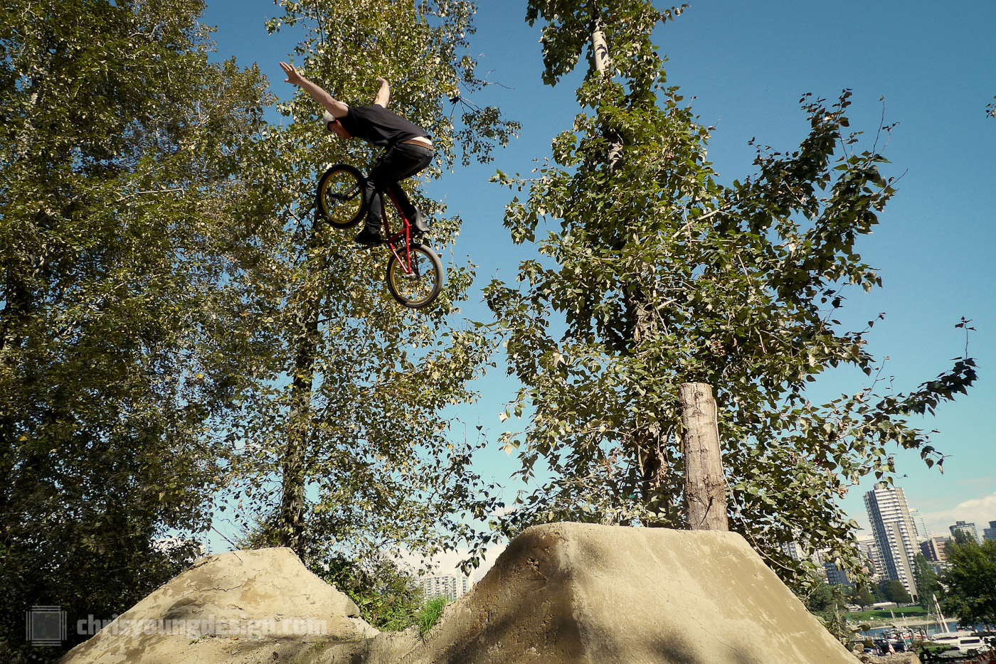 No-hander over the hip at the Vanier Park Dirt Jumps grand opening.