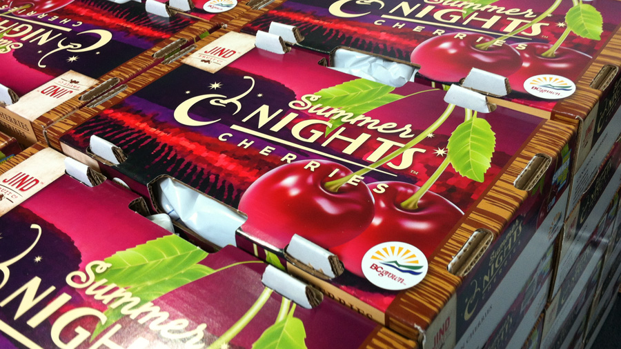 Stacks of the original shipment of the Summer Nights Cherries export box. As part of a targeted PR campaign, boxes of cherries were sent out to hundreds of media outlets, personalities, and a hand-picked list of foodies and bloggers.