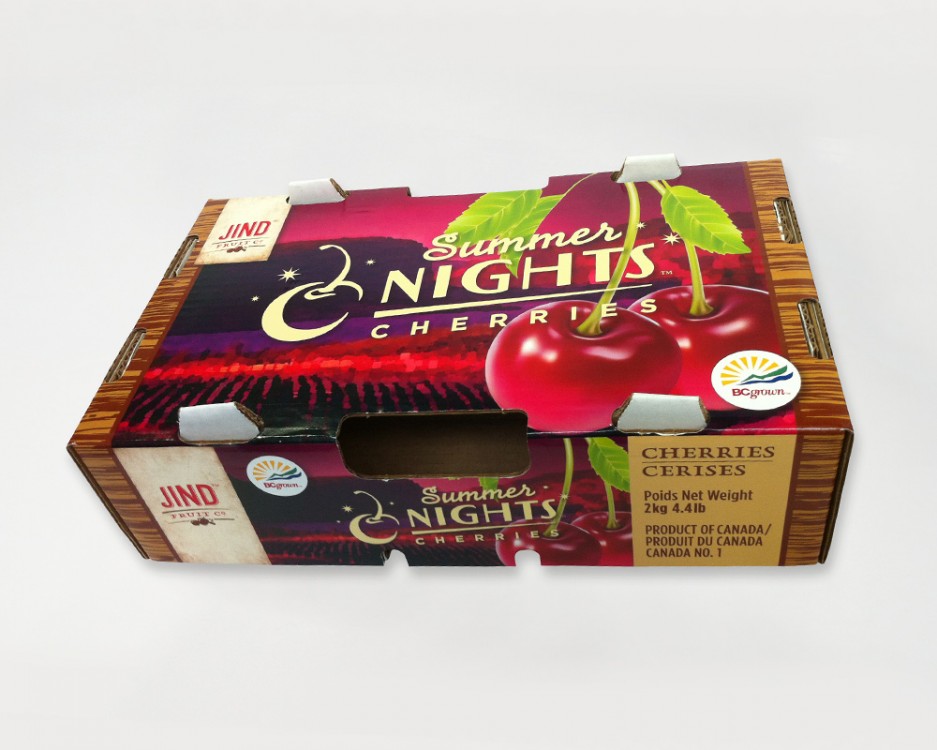 The Summer Nights™ Cherries 4.4lb 'retail' box was designed to be exported, showcasing Canadian quality. It needed to be more vibrant than the existing cherry boxes. These were offset printed on white stock, and laminated onto paperboard. I didn't design this box, but is a spinoff of the original cherry boxes to keep Jind's unified look.