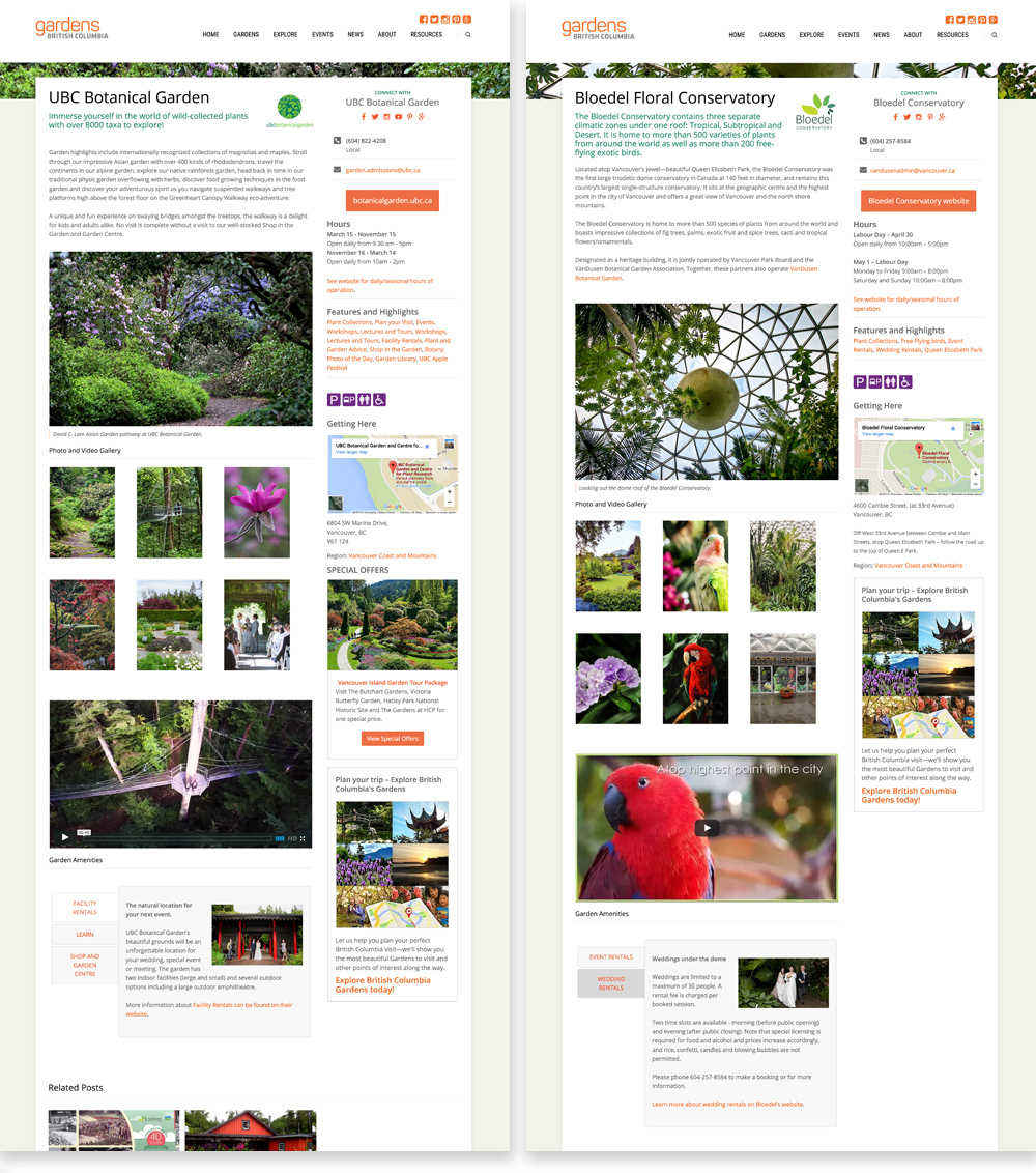 UBC Botanical Garden and the Bloedel Floral Conservatory Member pages side-by-side; different garden's information appears consistently across all the pages.