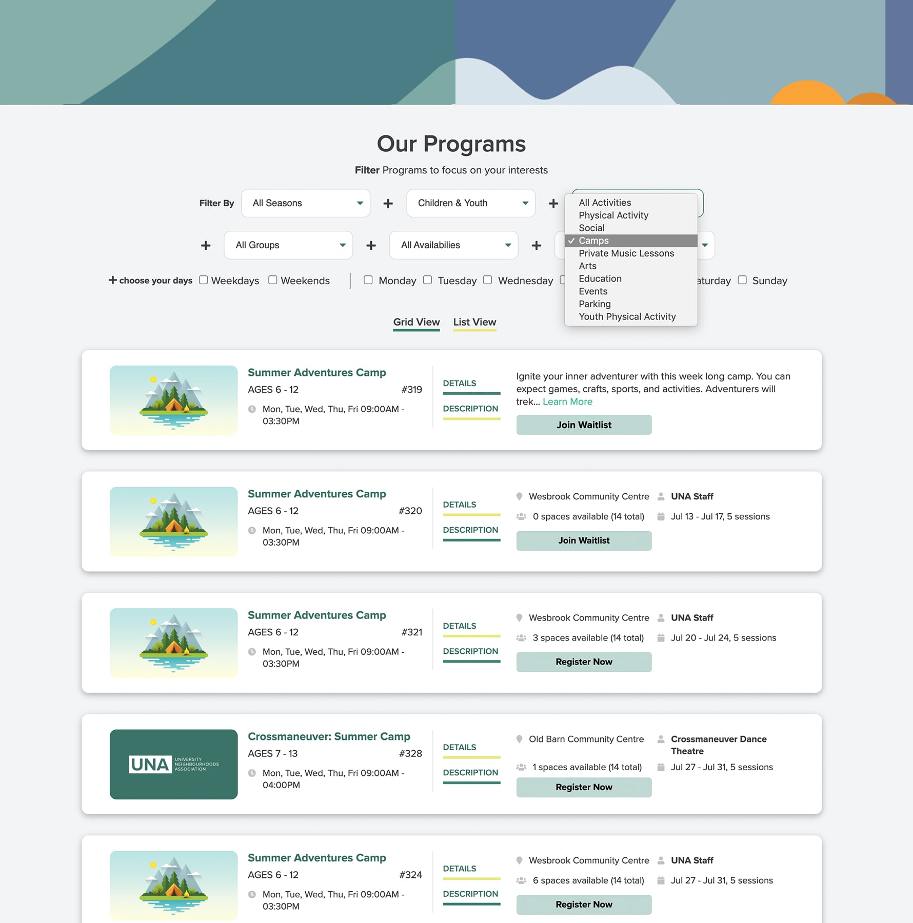 The 'list view' of the Programs page shows more of the programs in the viewport at one time.